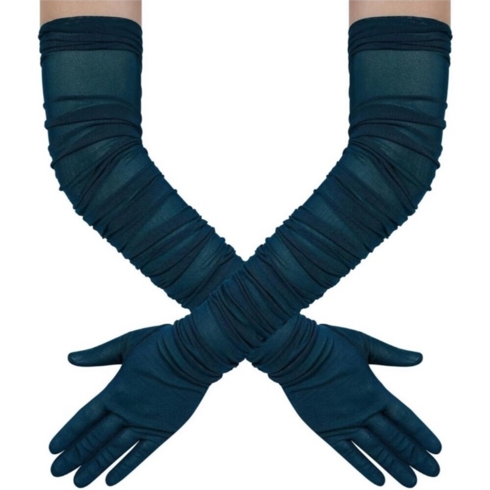 Women's Teal Stretchy Tulle Spandex Mesh Sheer Satin Long Gloves Party Prom